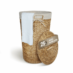 Casa Mina® Wäschekorb mit Deckel | Atmungsaktiver Wäschekorb geflochten aus 100% Naturfaser I Robuster Wäschesammler mit Griffen & waschbarem Innensack I Wäschekörbe (Natur, 30 x 45cm) Natur 30 x 45cm | 25 Lit.