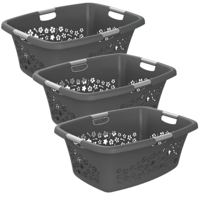 Rotho 3er-Set Wäschekorb Flowers 50l, Kunststoff (PP) BPA-frei, anthrazit, 3x50l, (65,1 x 49 x 26,2 cm)