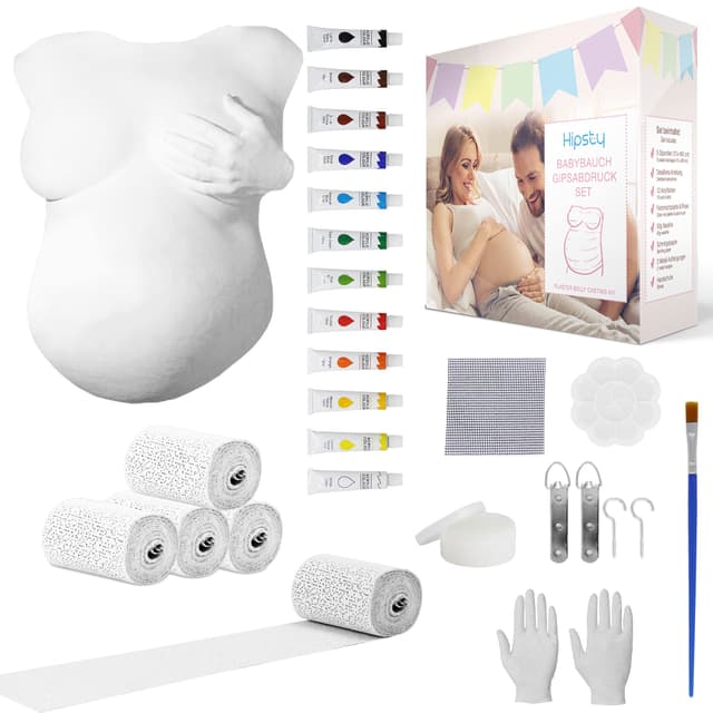 Hipsty Gipsabdruck Babybauch Set mit (23m) Gipsbinden, 12 Acrylfarben & vielem mehr | Der Bauchabdruck erinnert dich noch lange an deine Schwangerschaft | Komplettset