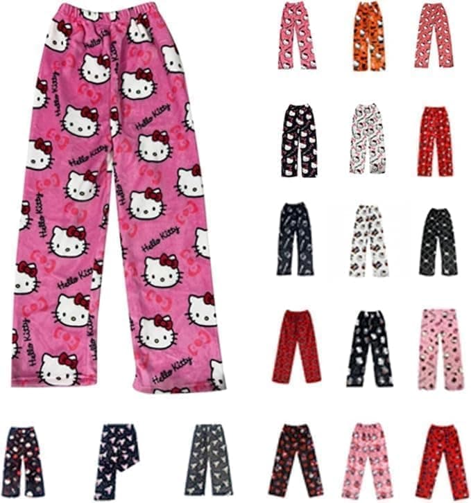 Pyjama Hose Damen Mädchen Kinder Schlafanzug Flanell Lang Casual Bequeme Frauen Schlafanzughosen Cute Kawaii Y2K Cartoon Anime Pyjamas Schlafhose Hosen Weich Sommer Weihnachten Halloween Herbst-Winter Erwachsene M @001 Rosa