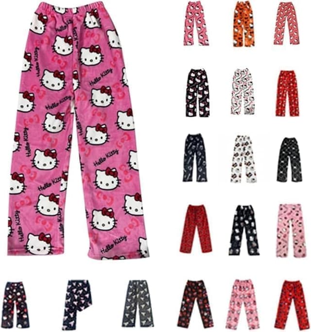 Pyjama Hose Damen Mädchen Kinder Schlafanzug Flanell Lang Casual Bequeme Frauen Schlafanzughosen Cute Kawaii Y2K Cartoon Anime Pyjamas Schlafhose Hosen Weich Sommer Weihnachten Halloween Herbst-Winter Erwachsene M @001 Rosa