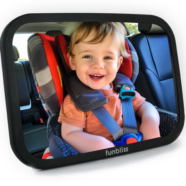 Funbliss Baby Spiegel Auto, 360° Drehbar für Einfache Anpassung,Bruchsicheres Acrylglas, Robuste Gurte, Einfach Montieren, Autospiegel Baby Rückbank 1 Stück schwarz
