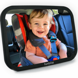 Funbliss Baby Spiegel Auto, 360° Drehbar für Einfache Anpassung,Bruchsicheres Acrylglas, Robuste Gurte, Einfach Montieren, Autospiegel Baby Rückbank 1 Stück schwarz