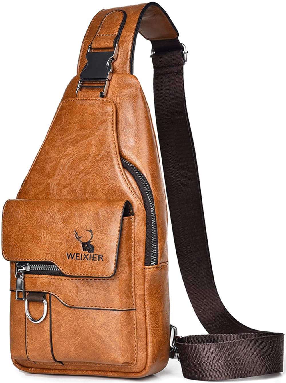 Hjkiopc Sling Tasche für Herren,Leder Brusttasche,Wasserdichte Schultertaschen,Lässige leichte Tasche,Handy Tasche,Crossbody Tasche für Wandern,Radfahren,Camping (Hellbraun)
