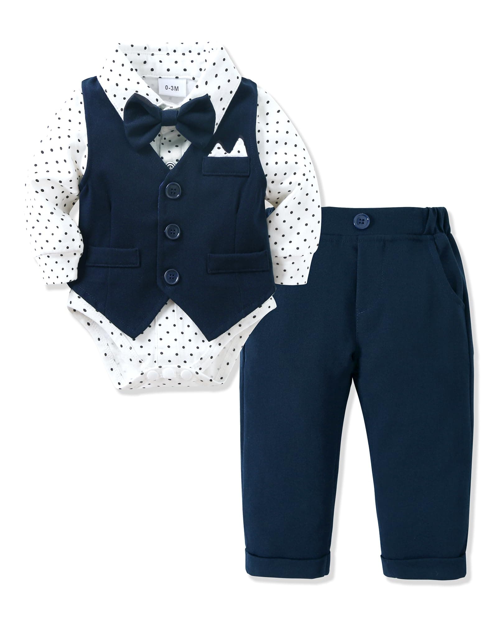 Amissz Baby Junge Anzug Taufe, 0-18M Neugeborenen Taufanzug Hochzeitsoutfit Partei Babykleidung Strampler + Bowtie + Vest + Pants Set 6-12 Monate Marineblau Angebot bei HelloDeals