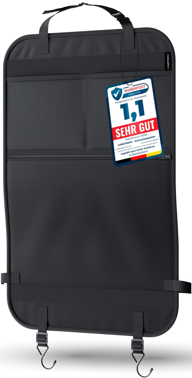 LIONSTRONG® Auto Organizer Kinder Rücksitz schwarz [WASSERDICHT] - Rückenlehnenschutz Auto Kinder universell kompatibel - Autositz Organizer - Sitzschutz Rückenlehne - große Tasche Große Tasche 1 Stück