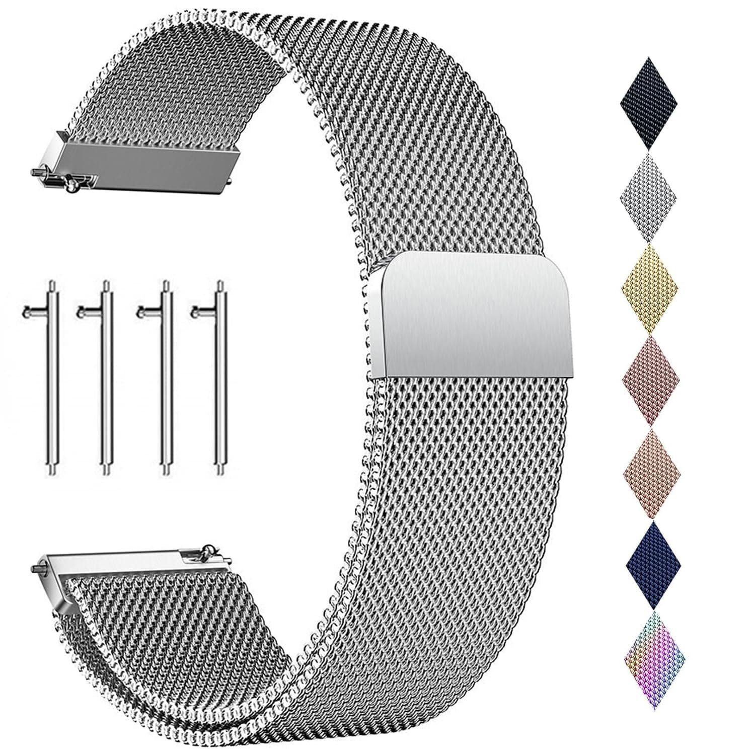 PDSQL Edelstahl Mesh Uhrenarmband, Metall Ersatz Armband Edelstahlarmband mit Magnetverschluss Smartwatch Schnellverschluss Watch Uhren Ersatzband Für Damen Herren Silber 20mm