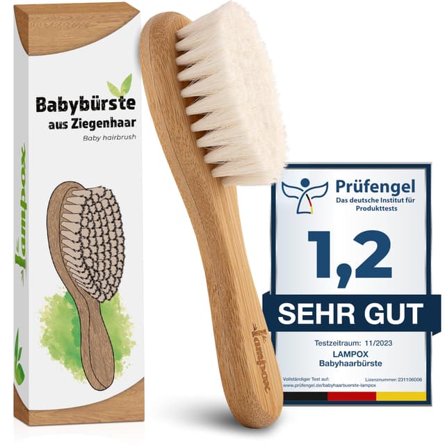 lampox - Babyhaarbürste extra weich, Baby Erstausstattung Neugeborene mit weichen Ziegenhaaren, Milchschorf, Baby Haarbürste, Pflegeset, Geschenk, Kopfhautpflege, Kleinkinder, Babyzubehör