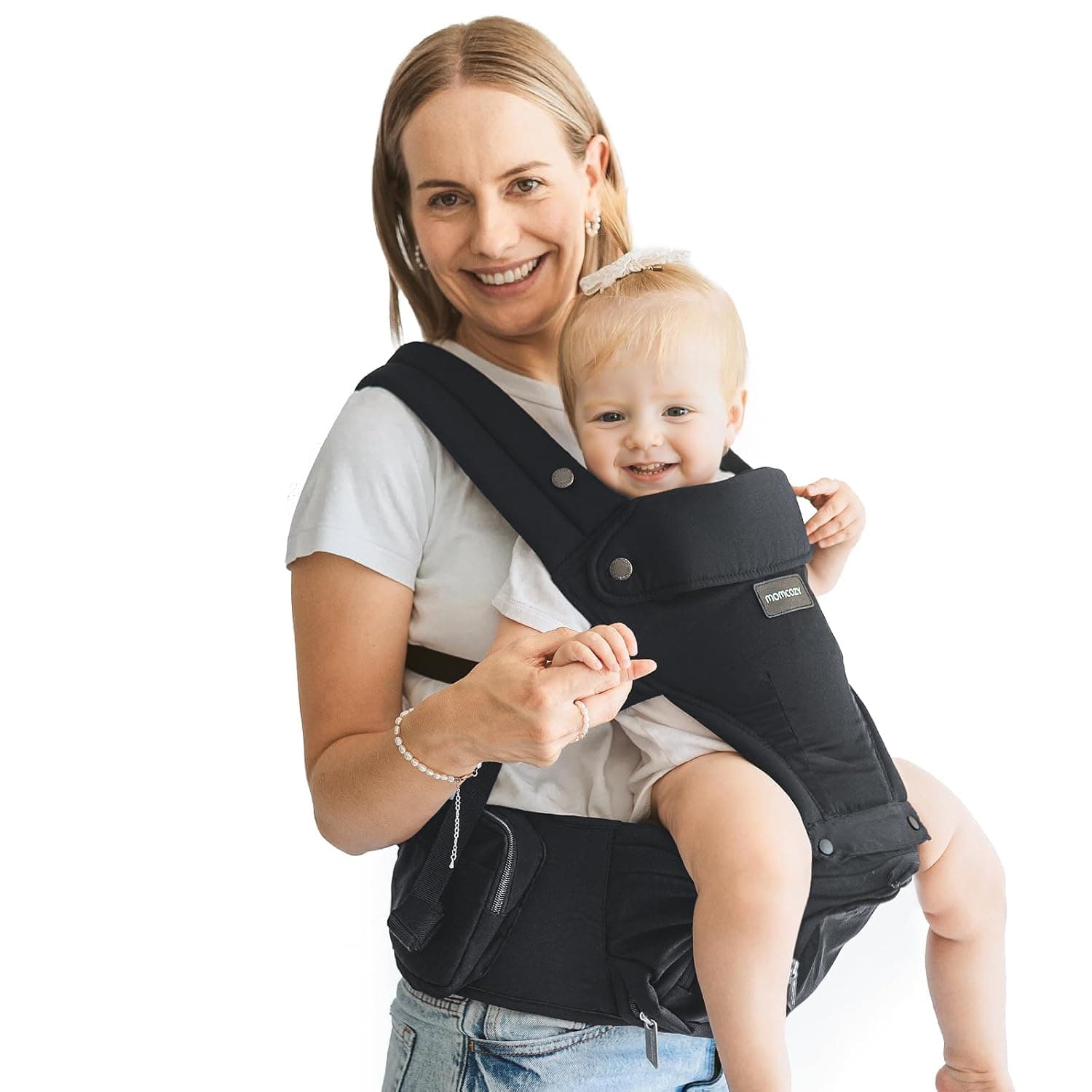 Momcozy Babytrage mit Hüftkissen, 2-in-1 Verstellbare & Abnehmbare Babytrage bis 20kg, Atmungsaktive Tragehilfe mit Lendenstütze für Eltern, Für Neugeborene & Kleinkinder, Schwarz