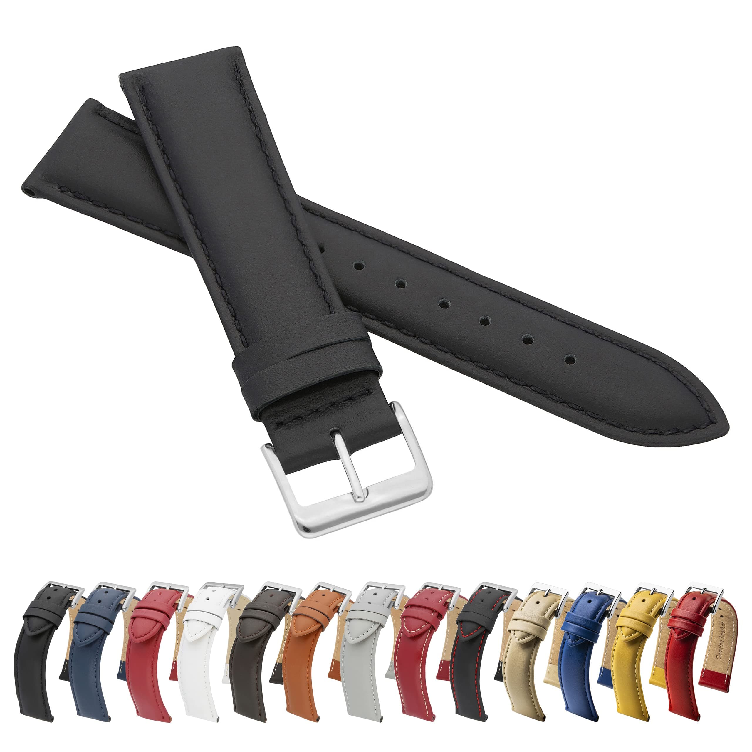 MARCHEL Glattleder LLB Lederarmband Echtleder Uhrenarmband Rindsleder Feines Leder 20 mm Schwarz