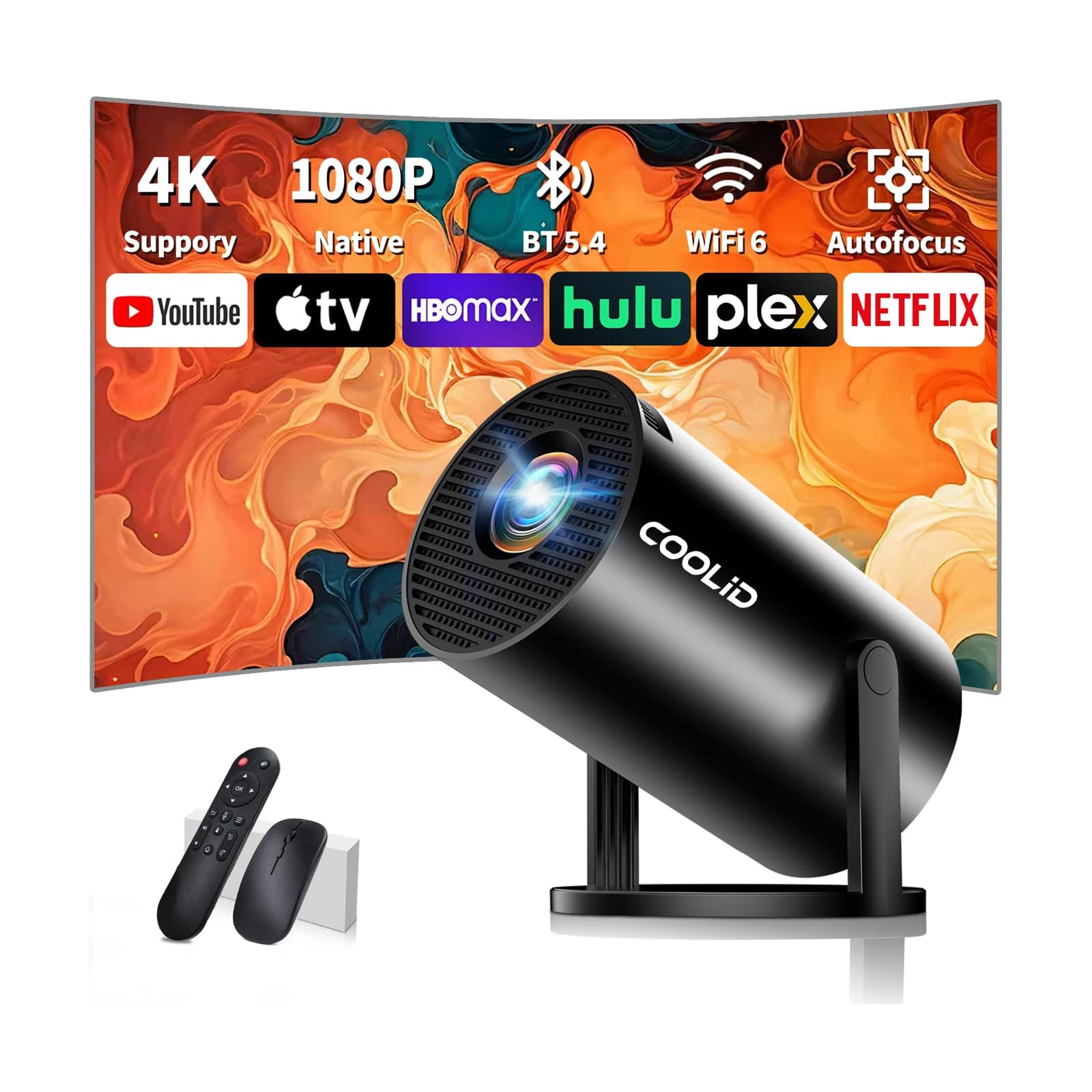 Mini Beamer 4K Projektor Full HD 1080P,Tragbarer Beamer Mit WiFi 6 Bluetooth 5.4,Projektor mit Automatische Trapezialkorrektur,270 ° Drehung Tv Stick/USB / PS5, mit Maus und Fernbedienung,Schwarz Black