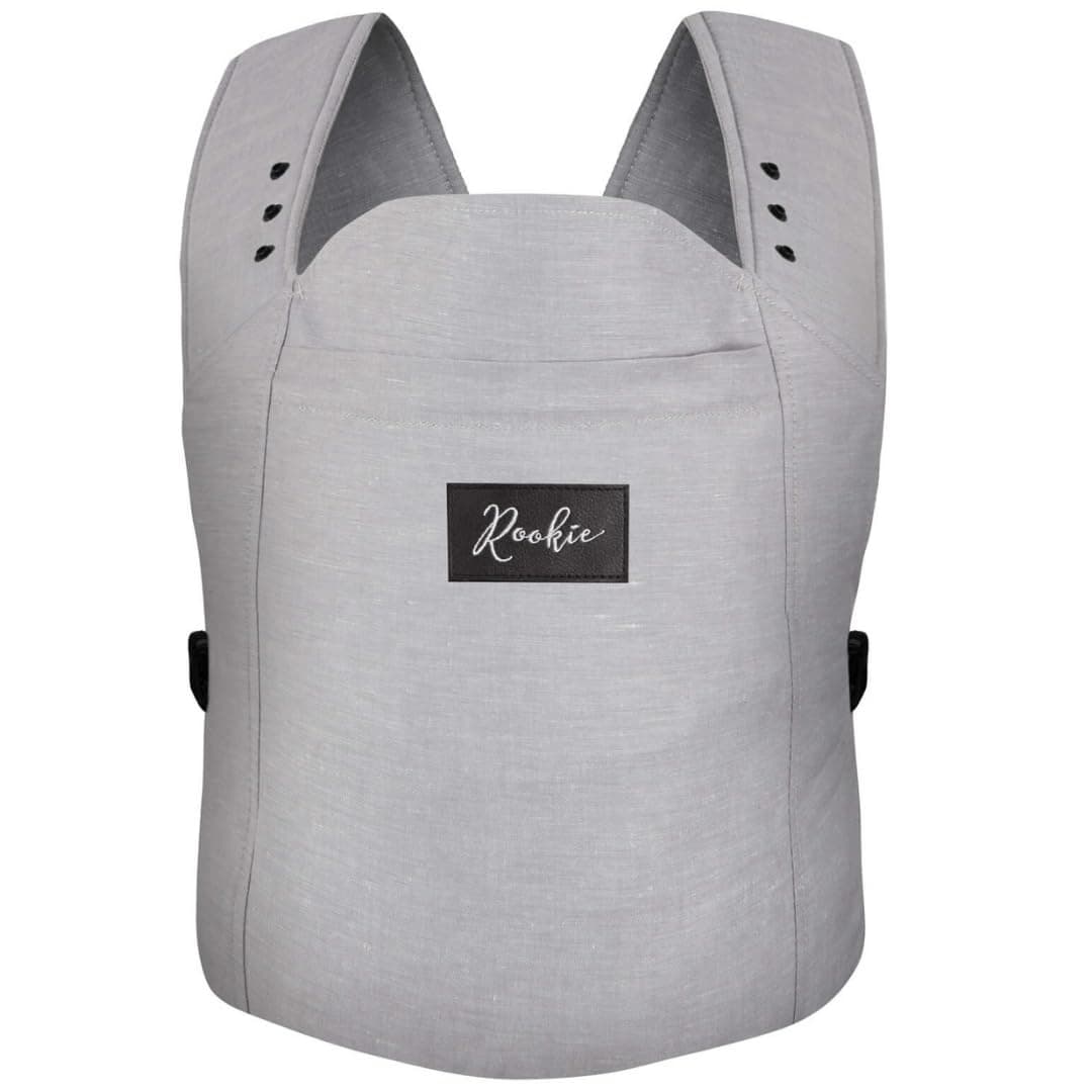 ROOKIE Babytrage Premium - Design Bauchtrage bequem und ergonomisch - Für Neugeborene ab Geburt bis 15kg - Baby Trage aus Bio Baumwolle (Grey)