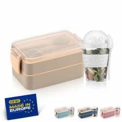 Winkly® Lunchbox, Brotdose kinder mit fächern (400+500) ml & 600ml Müslibecher - Bento Box To Go, 2-Fächer Bento & Besteck, Jausenbox für Mikrowelle & Spülmaschine, Brotdose schule, Picknick (Grau)
