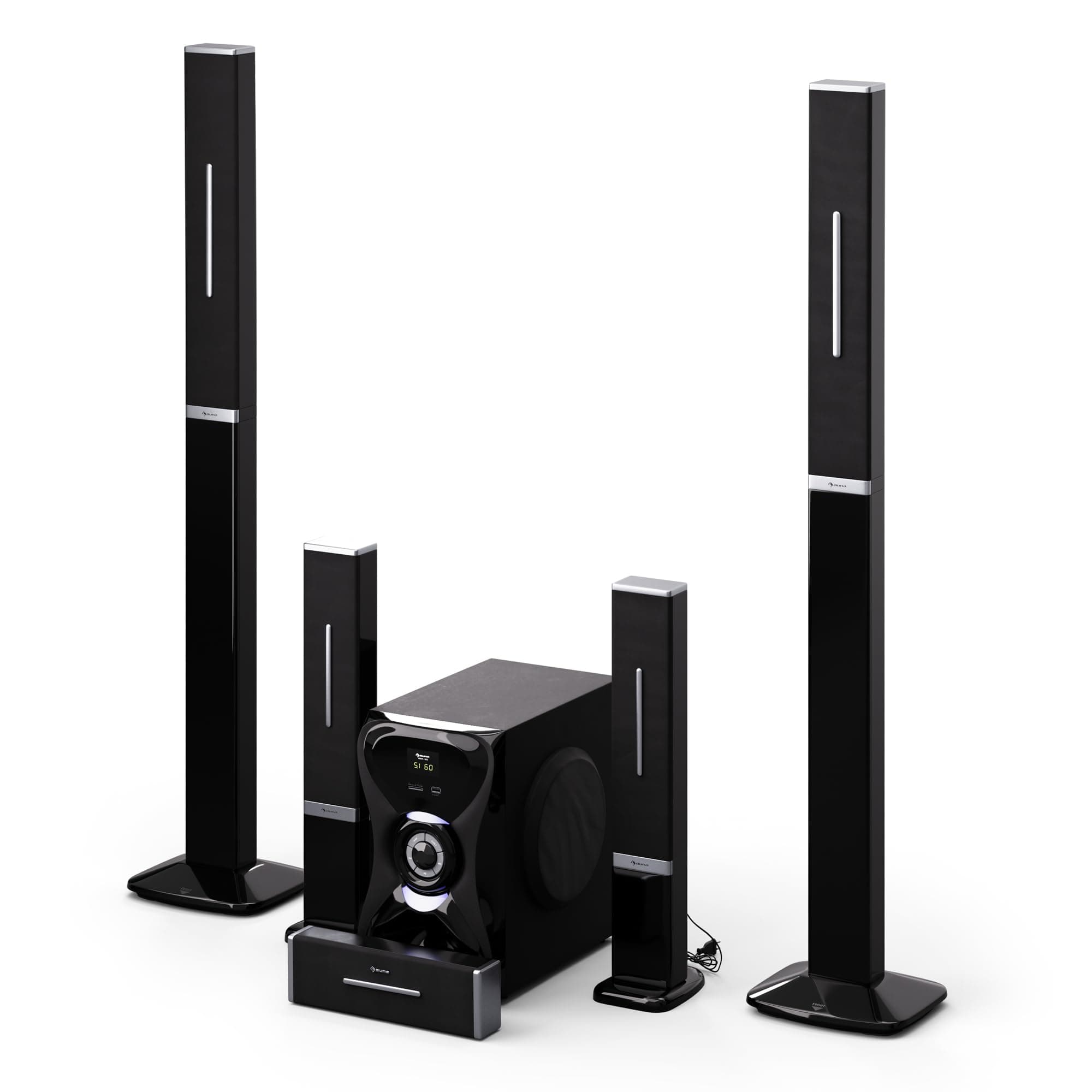 auna Areal 825 5.1 Soundsystem Kabellos mit Bluetooth, 100-W-Subwoofer und RGB-Beleuchtung - USB-/SD-Anschlüsse, AUX und Optischer Eingang, Heimkino-Lautsprecher mit Fernbedienung Hintere Lautsprecher kabellos