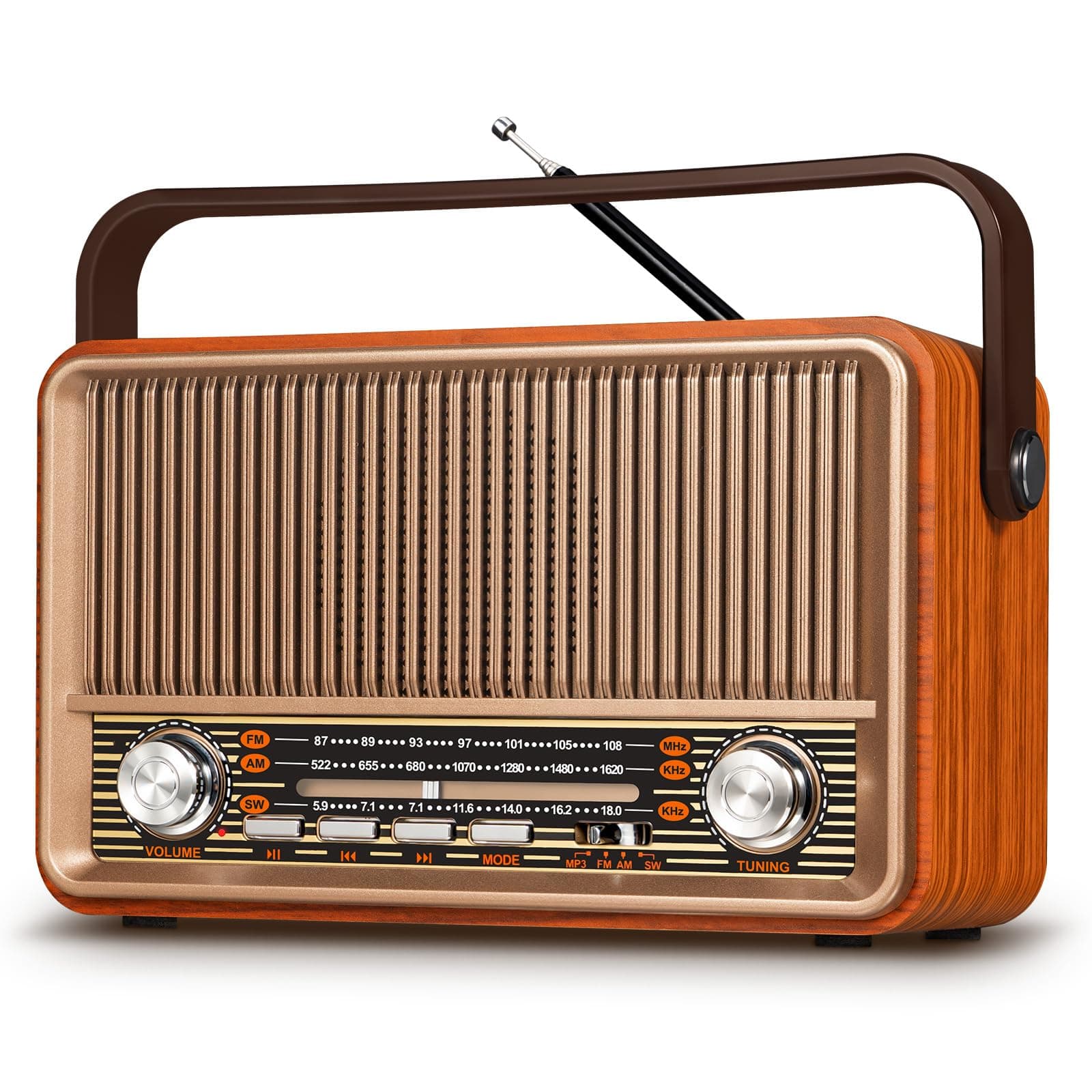 PRUNUS J-120 AM/FM/SW Retro Radio Klein, Kofferradio mit 1800mAh Akku, oder AC-Strom, Küchenradio Nostalgie Radio mit Bluetooth, Unterstützt USB/TF/AUX Funktion, Einfaches Radios für Senioren. Gold