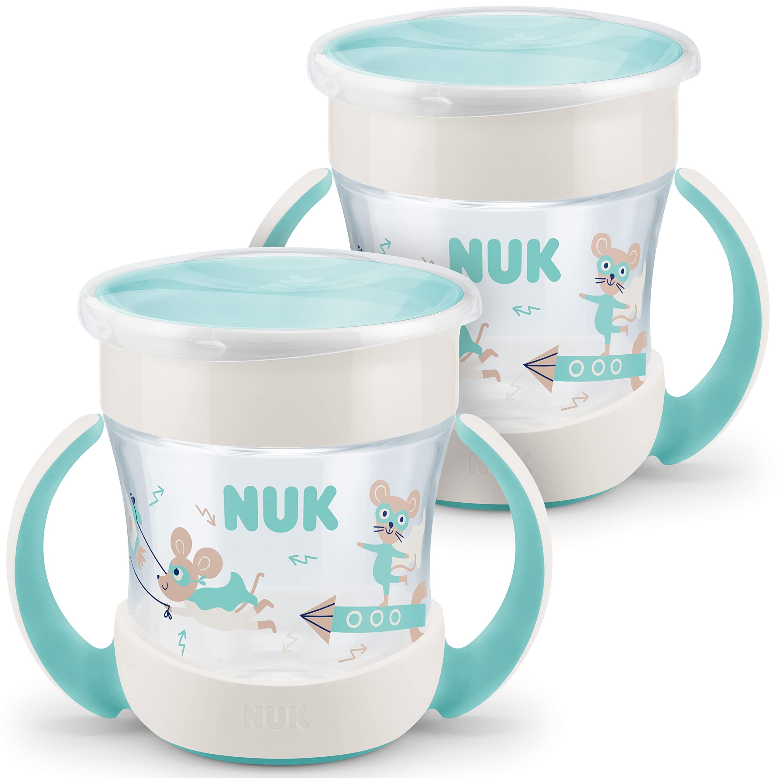 NUK Mini Magic Cup Trinklernbecher | auslaufsicherer 360°-Trinkrand | ab 6 Monaten | praktische Griffe | BPA-frei | 160 ml | neutral | 2 Stück Türkis Standard (2 Stück)