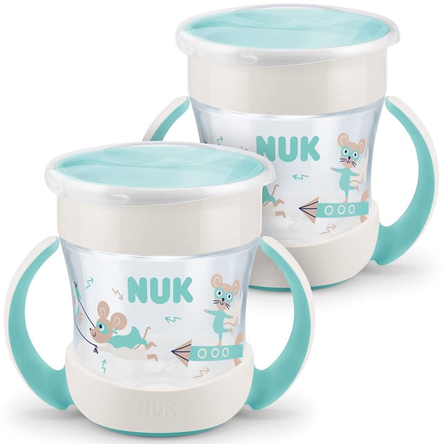 NUK Mini Magic Cup Trinklernbecher | auslaufsicherer 360°-Trinkrand | ab 6 Monaten | praktische Griffe | BPA-frei | 160 ml | neutral | 2 Stück Türkis Standard (2 Stück)