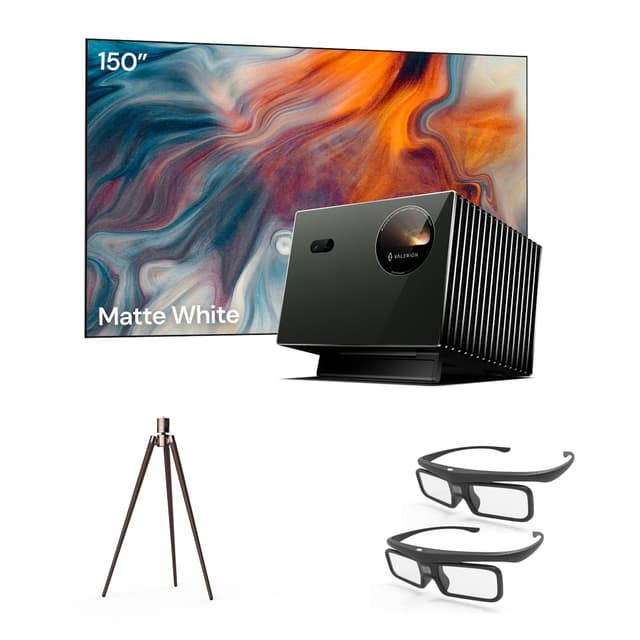 Valerion Heimkino-Paket – Enthält Valerion Pro2 4k-Projektor + 150 Zoll mattweiße Leinwand + Walnuss-Stativständer + 3D-Brille 150 Zoll Leinwand Walnuss-Stativ