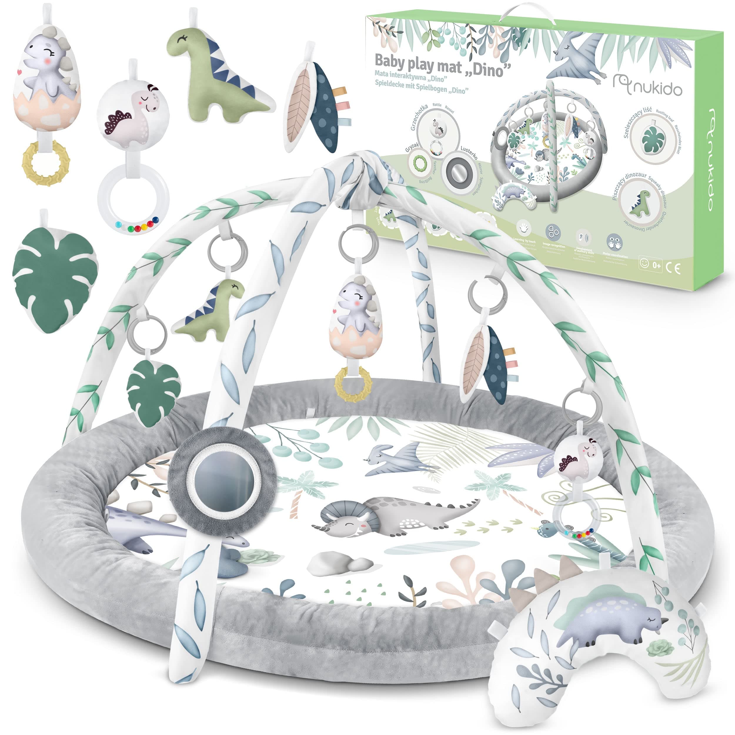 Nukido Interaktives Spielbogen Baby 5in1 Krabbeldecke für Baby Spielmatte Laufstall Baby mit Matratze Babynestchen mit Bauchzeit Kissen 2 Bogen mit 7 Sensorik Spielzeug 56 cm Grau Grau 2in1