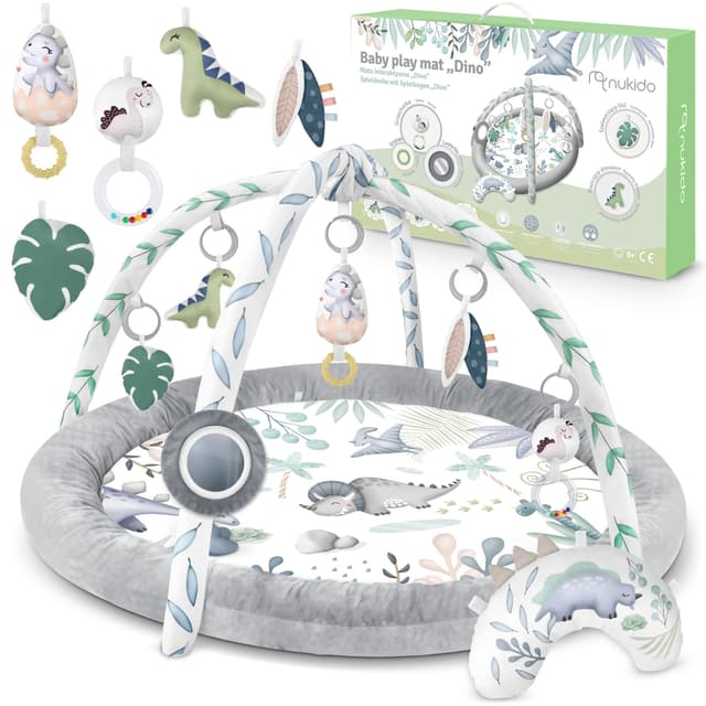 Nukido Interaktives Spielbogen Baby 5in1 Krabbeldecke für Baby Spielmatte Laufstall Baby mit Matratze Babynestchen mit Bauchzeit Kissen 2 Bogen mit 7 Sensorik Spielzeug 56 cm Grau Grau 2in1