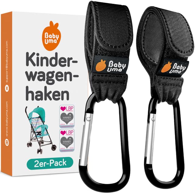 Baby Uma Kinderwagen Haken für Taschen (2er-Pack) - Universelles Kinderwagen Zubehör, Karabinerhaken Groß & Rutschfest, 5 kg Belastbarkeit pro Karabiner Canvas schwarz