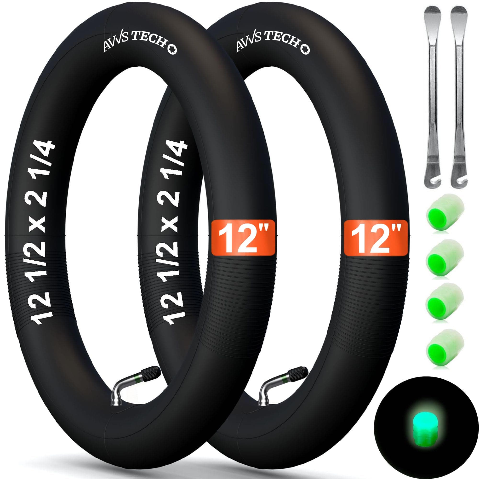 2X 12 Zoll Schlauch für Kinderfahrrad, Kinderwagen, Laufrad & Roller | für 12 1/2x2 1/4 (57-203), 12x1.75 (47-203), 12x2.10 (54-203) | mit AV 90° + 4 Leucht-Ventilkappen