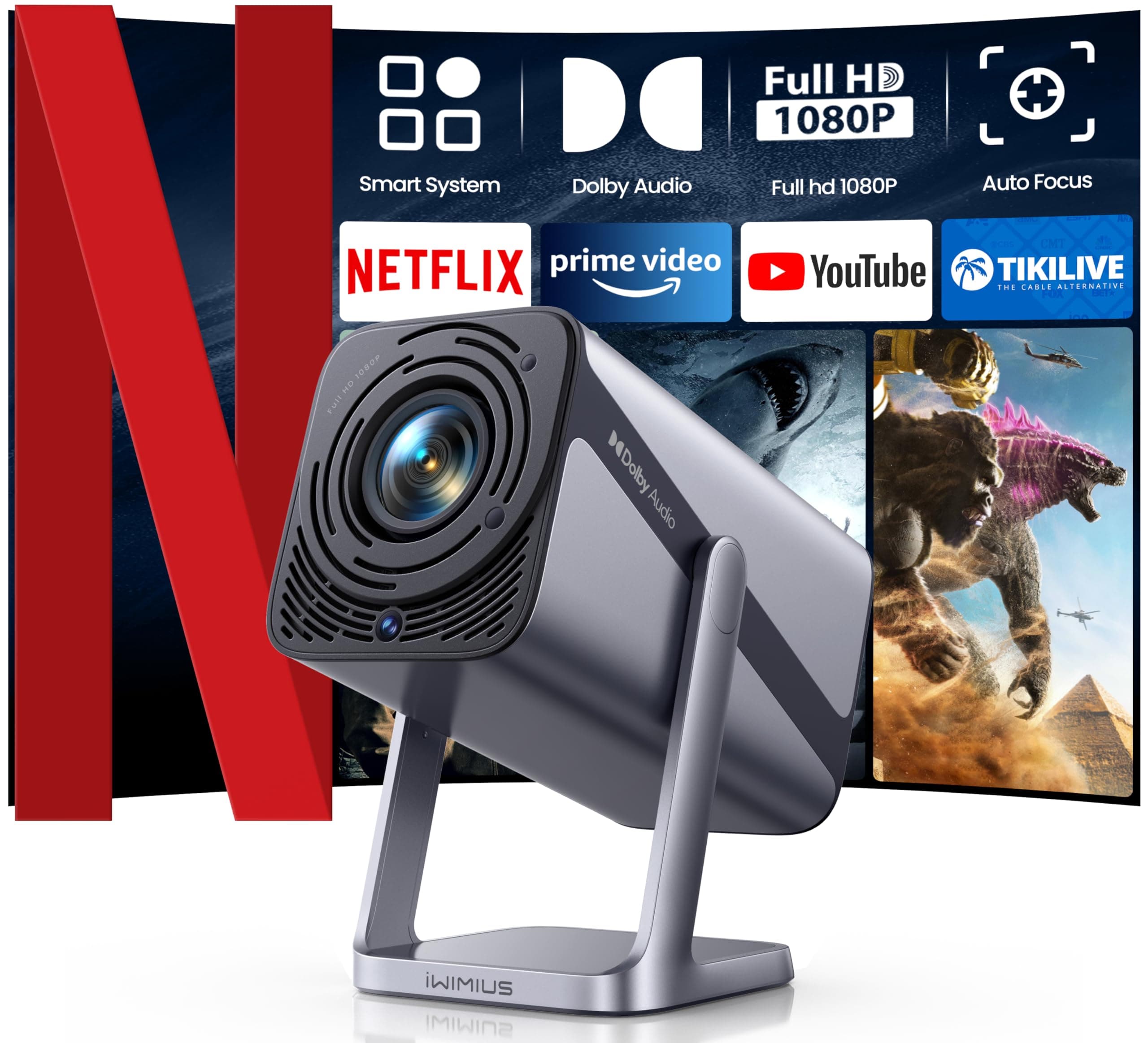 Mini Beamer 4K [Netflix Official|Dolby Audio] 600ANSI Smart Beamer Heimkino Full HD 1080P Auto Fokus Auto Vertikale Trapezkorrektur 360° Drehbar WiFi6 Bluetooth Kurzdistanz Projektor für Home Outdoor Silber
