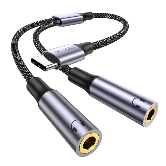 MOSWAG Audio Y Kabel Klinke 3.5 mm Splitter, USB C Klinke Splitter Kopfhörer Aux Adapter Audio Y Kabel kompatibel mit iPhone 16 Pro Max/16 Plus,Pixel 8 7 6 Pro 5,Galaxy S24 S23 S22 A33 A54 25CM Schwarz