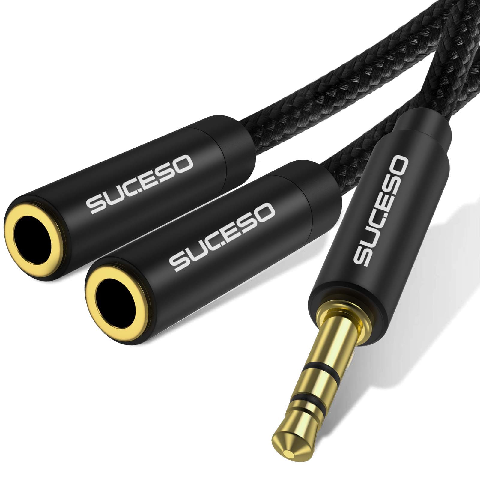 SUCESO Audio Klinke Y Splitter Adapter 3.5mm Stecker auf Buchse Headset Stereo Aux Splitter Kabel Kopfhörer Doppelstecker für Tablet, Laptop, Samsung, Smartphone, Lautsprecher, PC usw - 35cm(Schwarz)