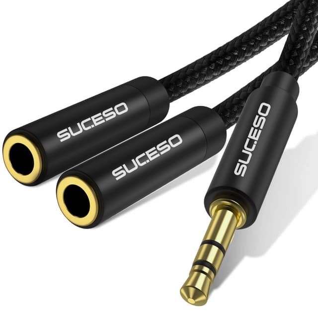 SUCESO Audio Klinke Y Splitter Adapter 3.5mm Stecker auf Buchse Headset Stereo Aux Splitter Kabel Kopfhörer Doppelstecker für Tablet, Laptop, Samsung, Smartphone, Lautsprecher, PC usw - 35cm(Schwarz)