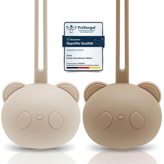 CAJA Schnullerbox 2er Set Schnulleraufbewahrung Silikon BPA frei hygienische Aufbewahrung für Babys und Kleinkinder Panda Design hochwertiges Baby Zubehör Geschenk zur Geburt und Baby Erstausstattung 2er Set 1x complexion + 1x field grey