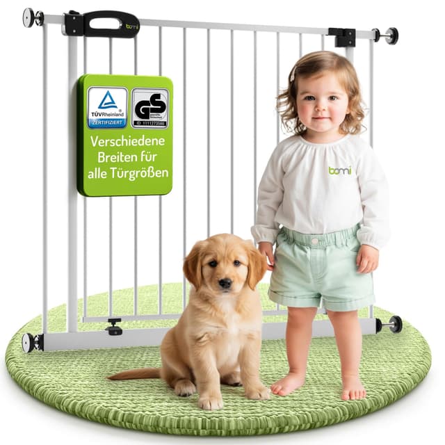 BOMI TÜV GS Siegel Kindertreppen Gitter XXL Merle | Ohne Bohren | 90° Stop | Schließt automatisch | Türschutzgitter weiß Metall | Treppenschutzgitter Türgitter Klemmgitter | Breite: 95-103 cm 95-103 cm Weiß