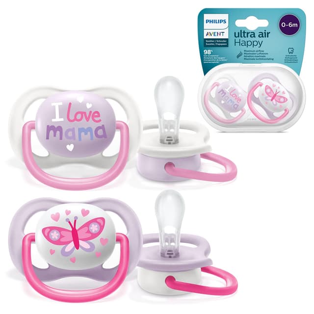 Philips AVENT SCF080/02 Ultra Air Schnuller 0-6 Monate, Atmungsaktiv, Kiefergerecht, BPA frei, Doppelpack, Schmetterling/Mama-Design