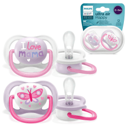 Philips AVENT SCF080/02 Ultra Air Schnuller 0-6 Monate, Atmungsaktiv, Kiefergerecht, BPA frei, Doppelpack, Schmetterling/Mama-Design Angebot bei HelloDeals