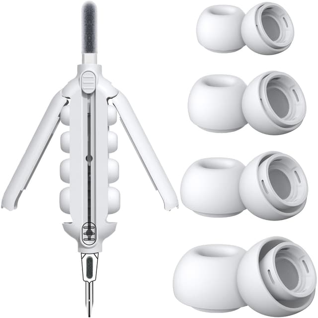 HiFan 4 Pairs Silikontips für Airpods Pro & Airpods Pro 2, 5 in 1 Cleaner Stift mit Poliertuch, Silikon Ersatz-Ohrstöpsel mit Geräuschreduktionsloch (XS/S/M/L)