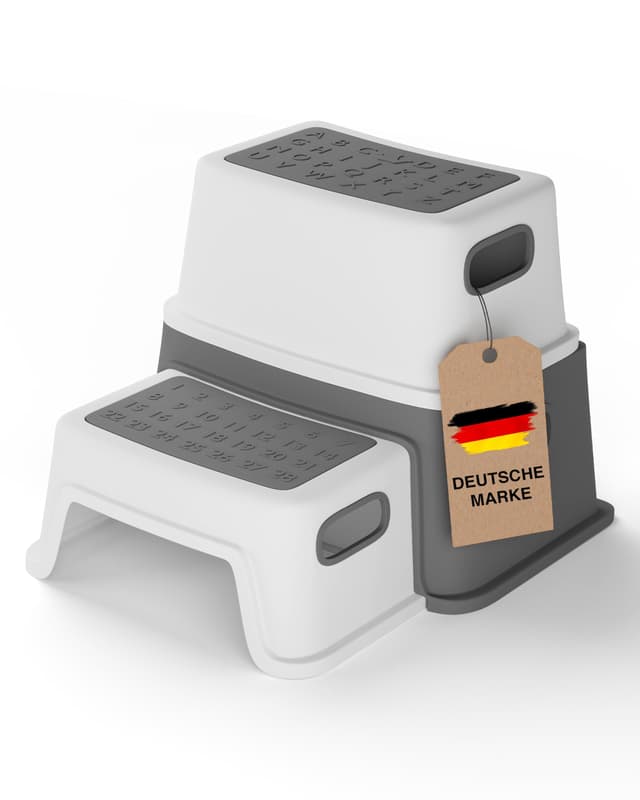 LUNORA StufenHeld Das Original | Der sichere Kinder Tritthocker mit Anti-Rutsch-Füßen & – Trittstufen | Hochwertiger Tritthocker Kinder 2 Stufen stabil & leicht für jeden Raum geeignet 2 Stufen Grau/Weiß