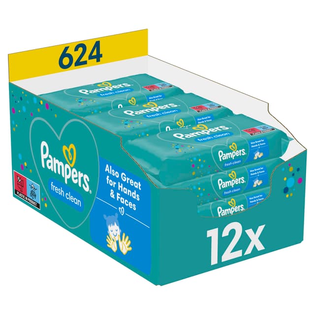 Pampers Fresh Clean Feuchttücher 12 Packungen mit 52 Stück, 624 Feuchttücher, milder Duft, auch für Hände und Gesicht geeignet mild 1 stück (624er Pack)