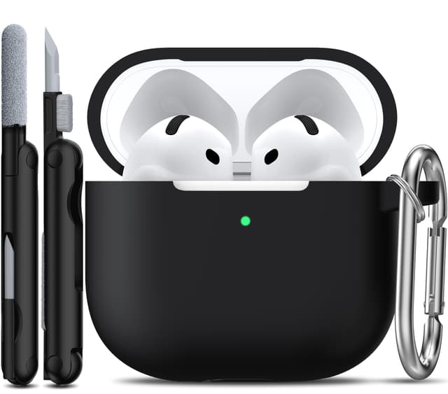 R-fun Kompatibel mit Airpods 4th Hülle mit Reinigungsset, Weiche Silikonhülle mit Schlüsselanhänger, Vollständige Schutzhülle für Männer und Frauen, Kompatibel mit Apple Latest Airpods 4th,Schwarz A-Schwarz