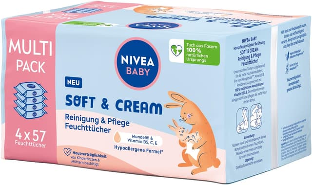 NIVEA BABY Soft & Cream Feuchttücher, Baby Feuchttücher zur sanften Reinigung empfindlicher Babyhaut, hypoallergene Feuchttücher für Babys mit Mandelöl und Vitaminen (4 x 57 Stück) 228 stück (1er Pack)