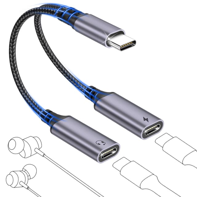 bakibo USB C Splitter 1 zu 2, USB C Kopfhörer Adapter und Laden Dongle 2 in 1 Doppelstecker Type C Audio Adapter with Schnellladung Y Kabel Verteiler für iPhone 16 15 Pro Max iPad Samsung S25, Grau