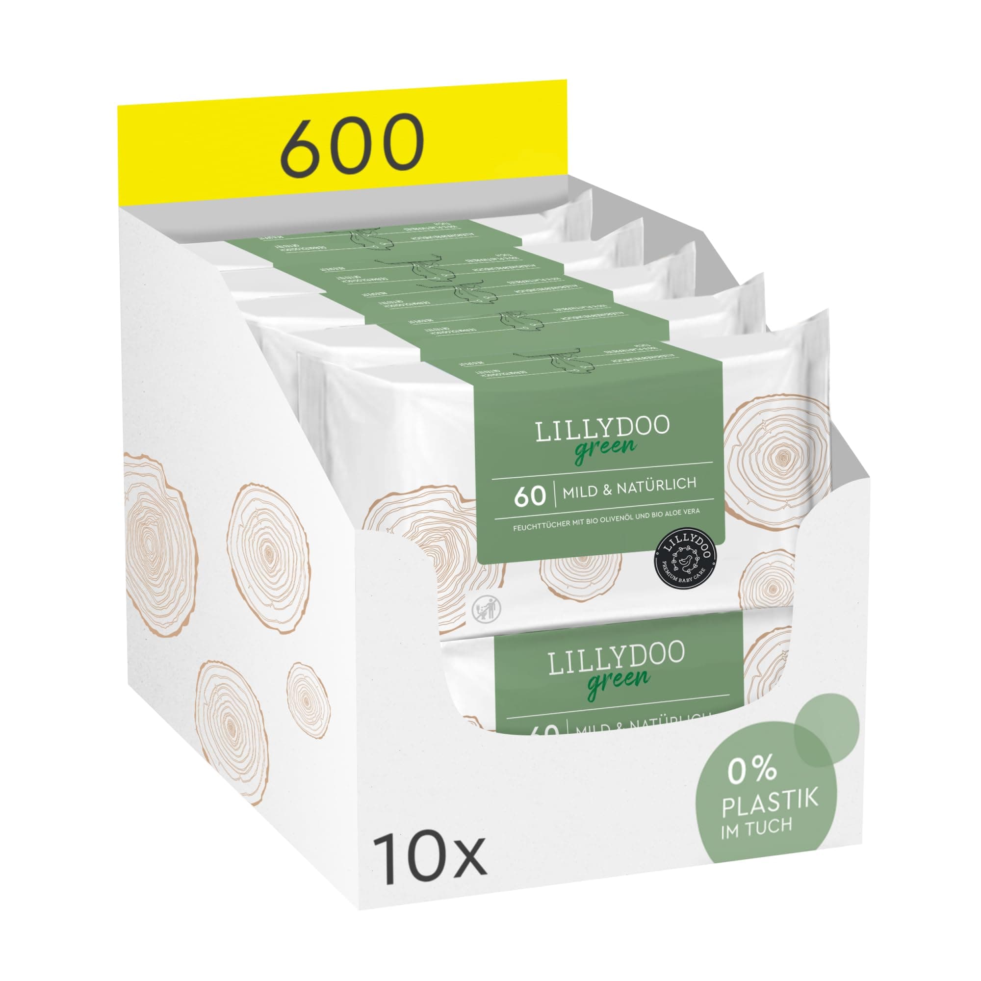 LILLYDOO green Natürliche Feuchttücher, 600 Stück (10 x 60), 100% plastikfreies Tuch, ohne Parfüme 60 stück (10er Pack)