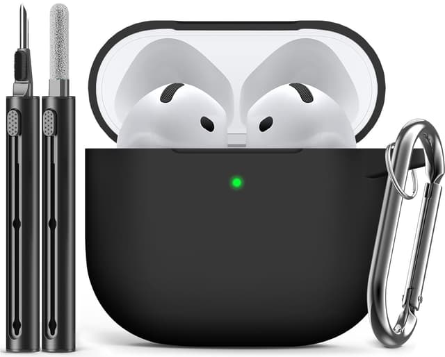Inesore Compatible with Airpods 4 Cases Cover,Silicone Protective Case for Apple Airpods 4 ANC Version, Support Wireless Charging and Front LED Visible, with Cleaner Pen,Black B3-Black AirPods 4