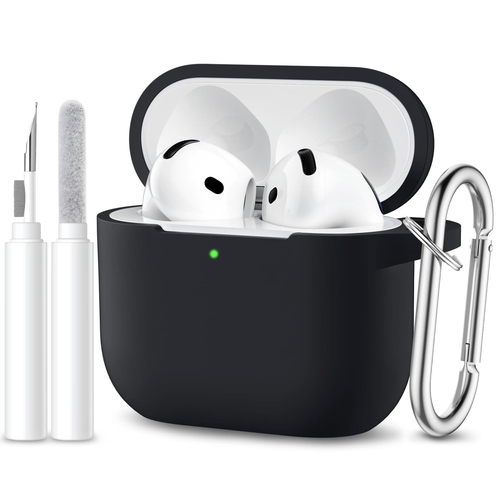 Maledan Kompatibel mit AirPods 4 Hülle Case 2024, Weich Silikon Ganzkörper-Schutzhülle für Apple AirPods 4 Generation Hülle mit Reinigungskit & Schlüsselanhänger [LED Sichtbar], Schwarz