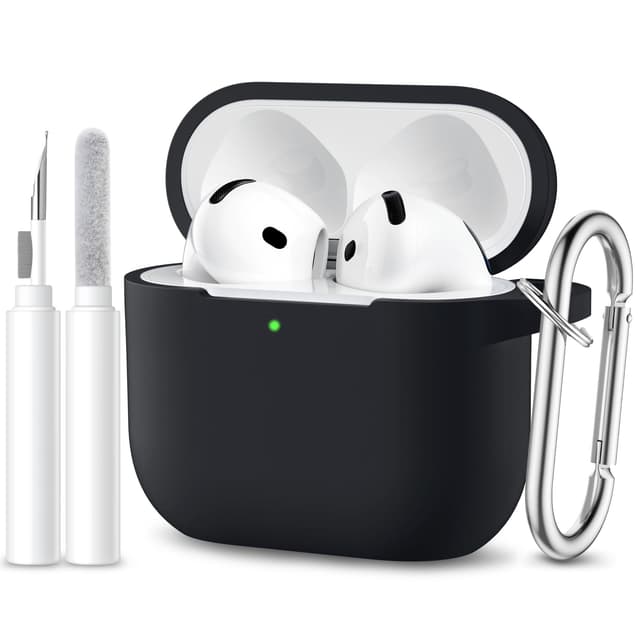 Maledan Kompatibel mit AirPods 4 Hülle Case 2024, Weich Silikon Ganzkörper-Schutzhülle für Apple AirPods 4 Generation Hülle mit Reinigungskit & Schlüsselanhänger [LED Sichtbar], Schwarz