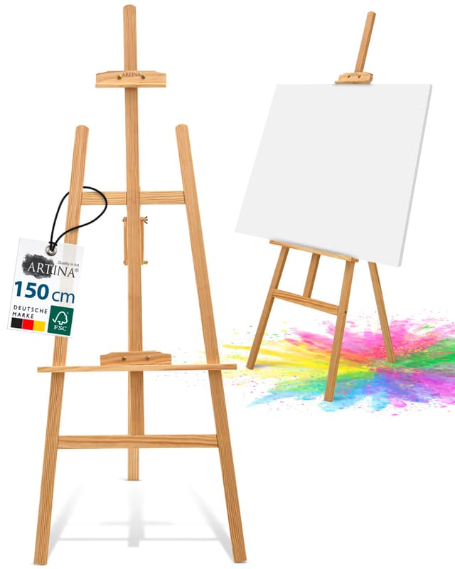 Artina Staffelei Holz Groß - FSC® Kiefernholz 150cm Holzstaffelei - Feldstaffelei höhenverstellbar große & kleine Keilrahmen – Staffelei für Kinder & Erwachsene, Hochzeit, Leinwände, Easel – Tessin 2.5 Kilogramm