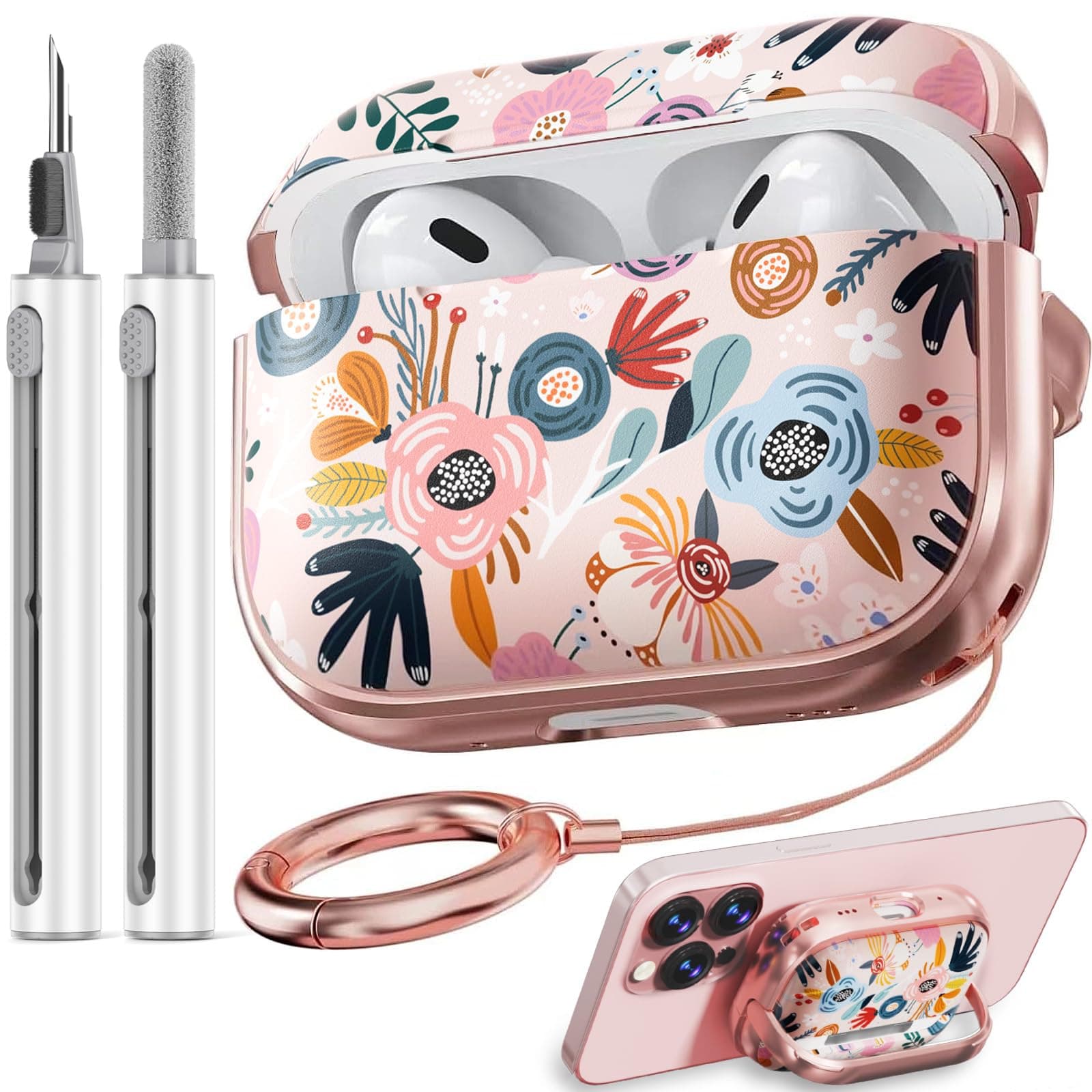 Safety Lock Inesore Flowers Cute Hülle Compatible with AirPod Pro (1st/2nd Gen) - Pink Berry Flower Case for Women Girls, with Cleaning Kit (2023 USB-C/2022/2019) AirPods Pro Carrion