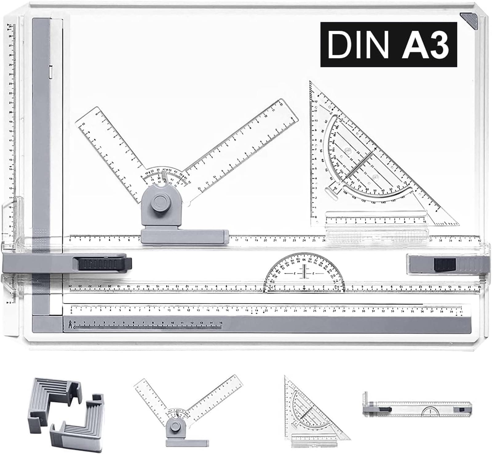 A3 Zeichenbrett Professioneller DIN A3 geo-Board zeichenplatte mit Schnell-Zeichendreieck, Parallel-Zeichenschiene, Winkel Einstellbar ür das Professionell Office Arbeiten Studenten Studium, A3