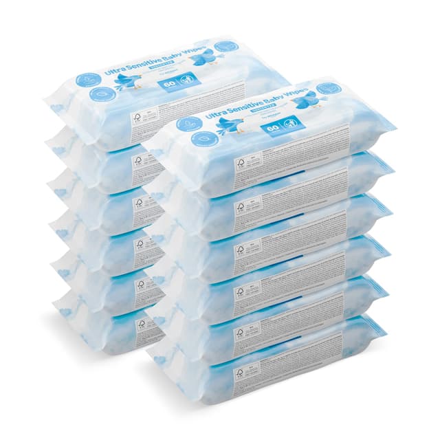 by Amazon Ultraweiche Baby-Feuchttücher, Hergestellt aus 100 % pflanzlichen Fasern, 720 Tücher, geruchsneutral, 12 Pack à 60 Stück, (früher eine Marke von Mama Bear, gleiches Produkt)
