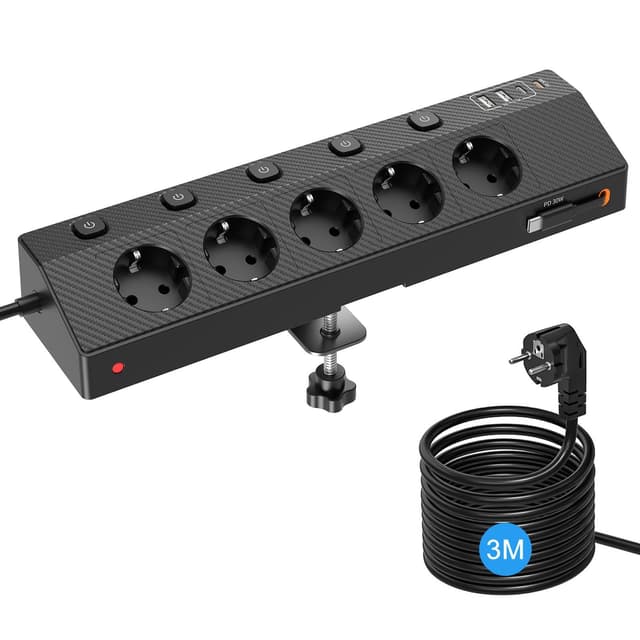 Tischsteckdose Steckdosenleiste mit 2 USB C (PD 30W), PASSUS 5 Fach Mehrfachsteckdose Schreibtisch mit Überspannungsschutz & Einzeln Schaltbar, 10-in-1 Ecksteckdose mit 3M Kabel für Büro, Schwarz 3M Einzelschalter Steckdose Schwarz-1