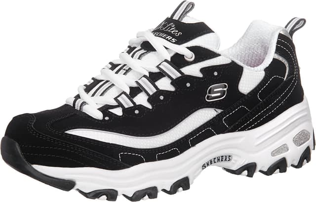Skechers Damen D'lites Biggest Fan Sneaker 40 EU Black Trubuck White Mesh Silver Trim
